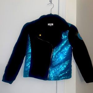 That’s wicked medium Disney jacket. Black and sequins blue.